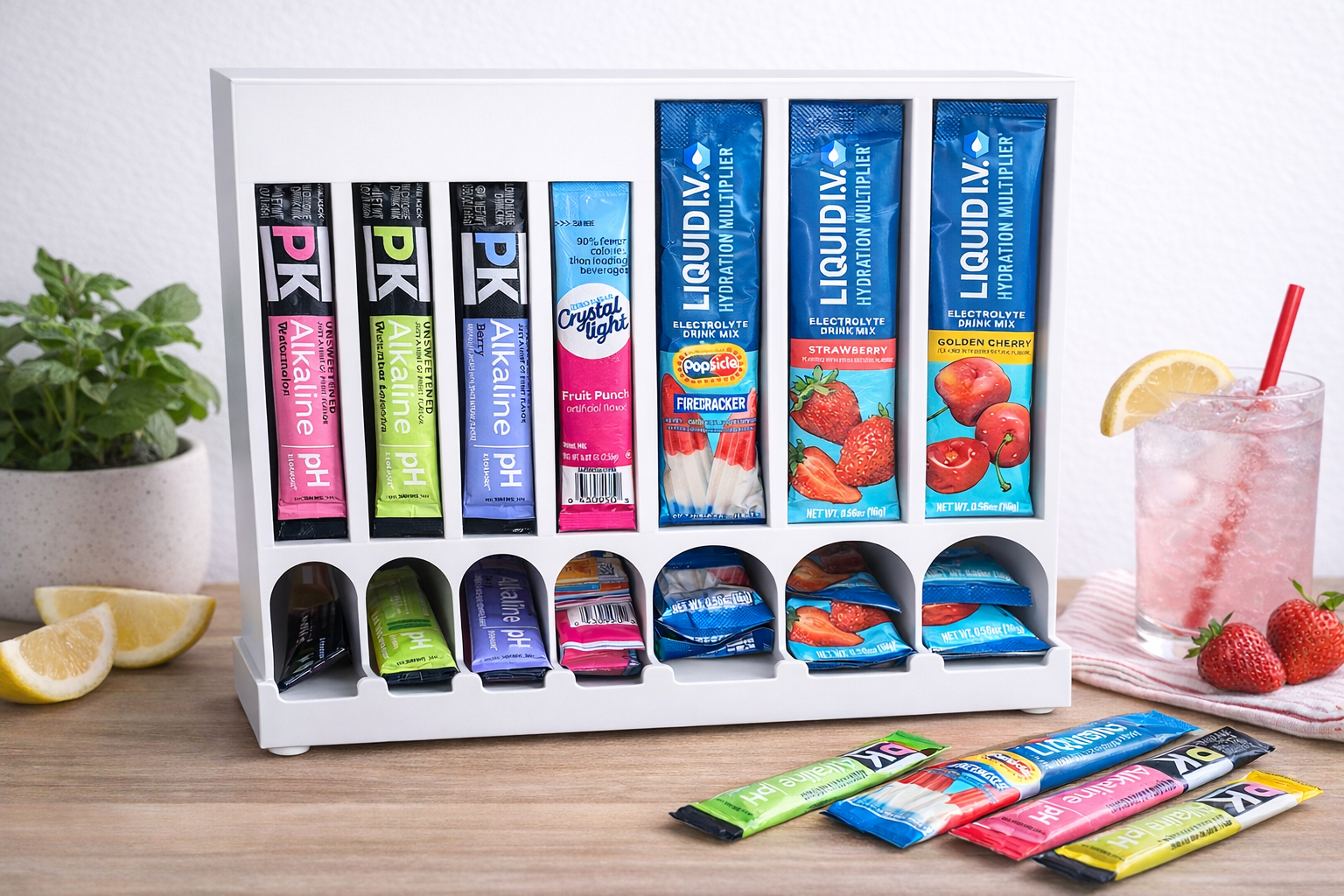 7-Row Drink Mix Packet Organizer Dispenser – Water Flavor Stick Holder