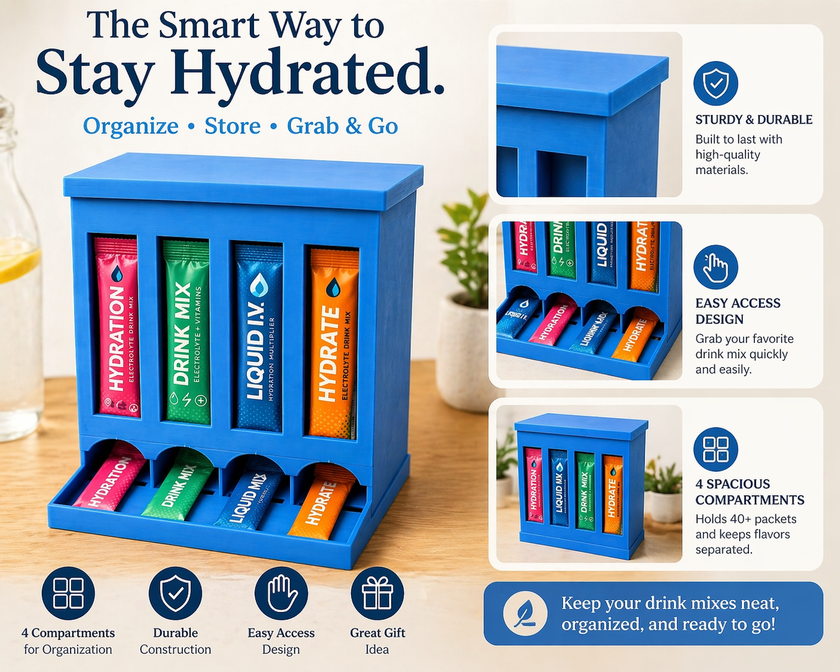 4-Row Drink Mix Packet Organizer Dispenser – Water Flavor Stick Holder