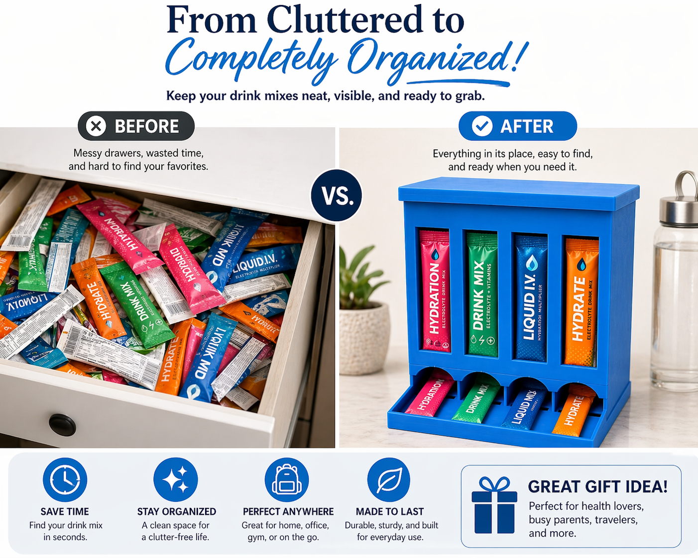 4-Row Drink Mix Packet Organizer Dispenser – Water Flavor Stick Holder