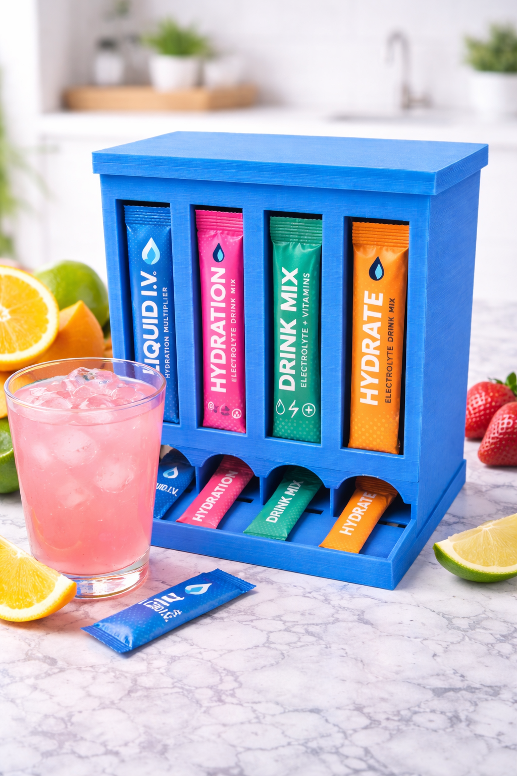 4-Row Drink Mix Packet Organizer Dispenser – Water Flavor Stick Holder