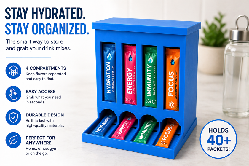 4-Row Drink Mix Packet Organizer Dispenser – Water Flavor Stick Holder