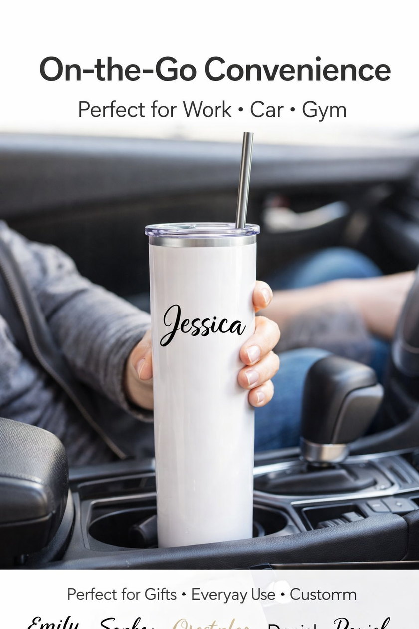 Custom 20oz Skinny Tumbler – Personalized Name, Logo or Photo Cup with Lid & Straw