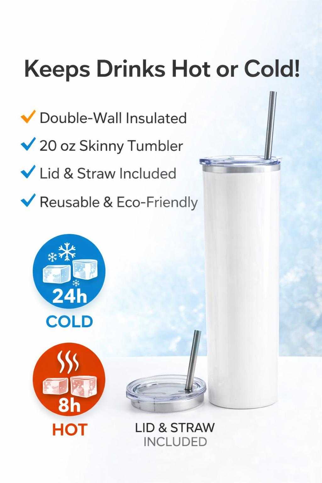 Custom 20oz Skinny Tumbler – Personalized Name, Logo or Photo Cup with Lid & Straw