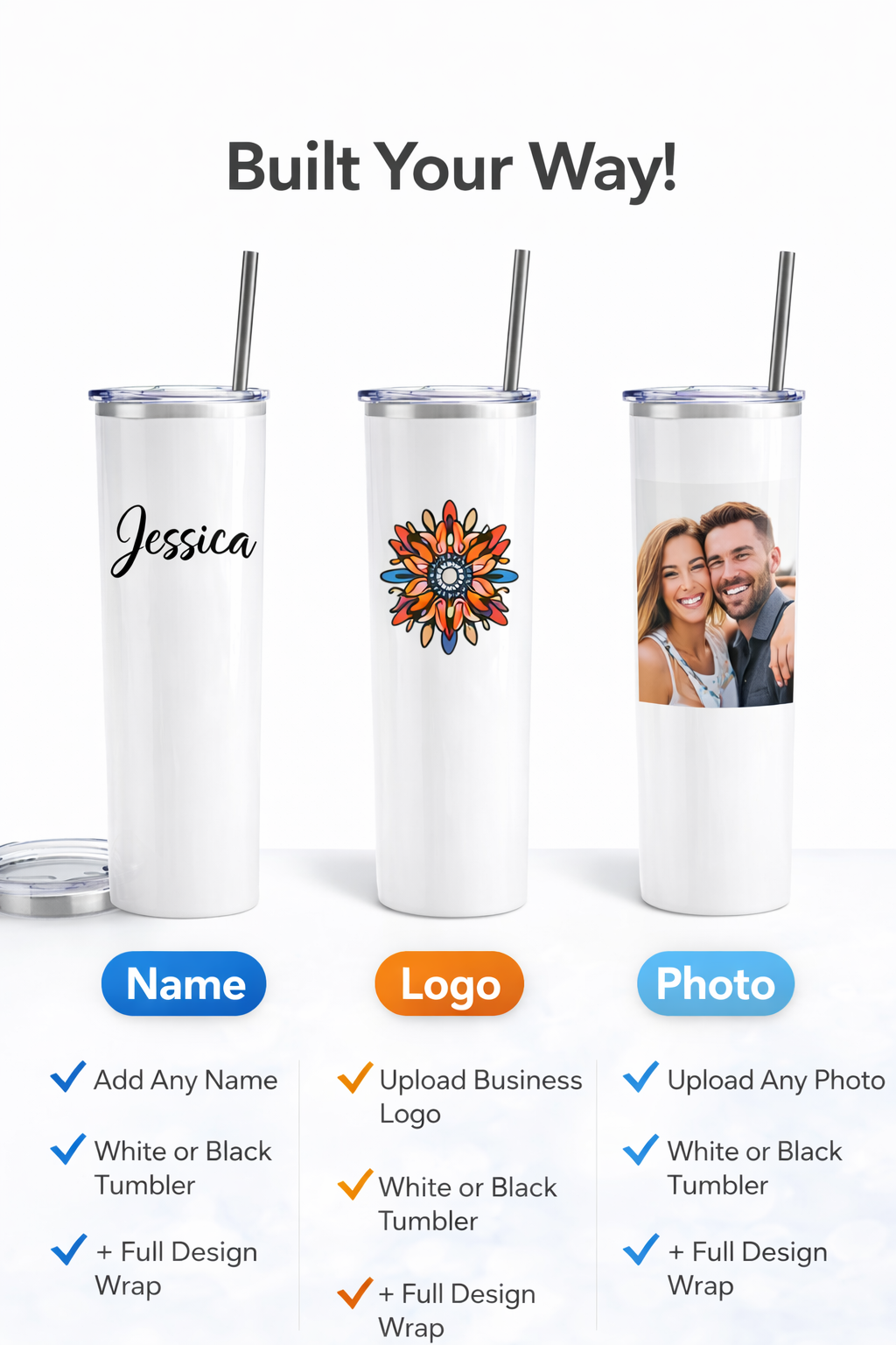 Custom 20oz Skinny Tumbler – Personalized Name, Logo or Photo Cup with Lid & Straw